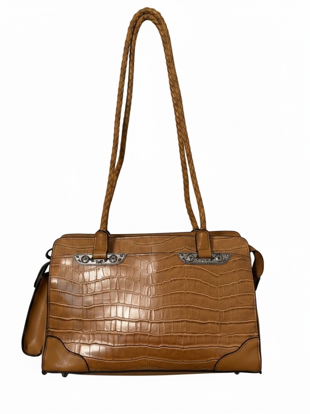 Bueno Tan Croc-Embossed Shoulder Bag with Braided Straps